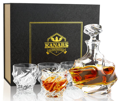 KANARS Whiskey Decanter Set - 25 Oz Crystal Liquor Decanter Carafe with 4 Rock Glasses 9 Oz For Bourbon, Scotch, Vodka, Rum or Whisky - Gift for Men Dad Husband Brother Adult Groomsmen - 5 Piece