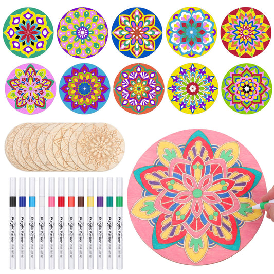 Smmwoom 22 Pcs Wooden Mandala Painting Set 10 Mandala Unfinished Wood Cutouts with 12 Markers for Crafts Mandala Wood Slices for Adults Painting, DIY Crafts Tags Wedding Home Decors