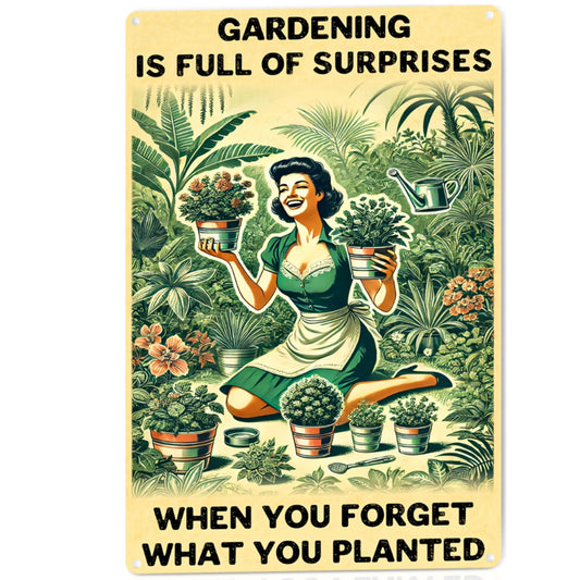 Funny Garden Decor Sign – Gardening Gifts for Women, Garden Decor Aluminum Outdoor Sign, Gardening Is Full of Surprises, Yard & Patio Gifts for Plant Lovers & Gardeners 12" x 8"