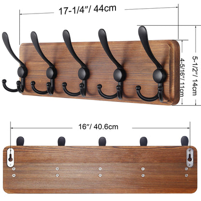 SKOLOO Rustic Wall Mounted Coat Rack: 16" Stud Spacing, Pine Real Wood Plank Wall Coat Rack with 5 Triple Hooks, Farmhouse Coat Hanger Wall Mount for Hanging Backpack Jacket Coat Hat