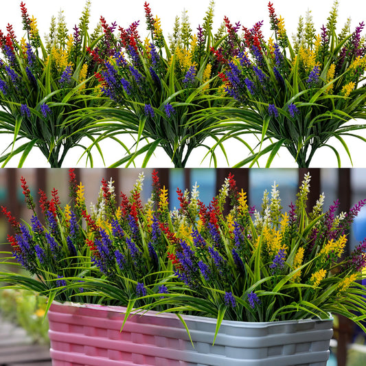 Nigirior Artificial Flowers for Outdoor Plants 24 Bundles Fake Lavender Plastic Faux Monkey Grass for Verandah Window Garden Office Patio Front Porch UV Resistant for Planter(5 Colors)