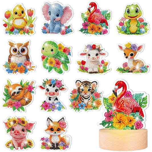Chunful 13 Pcs Interchangeable Diamond Art Tabletop Watercolor Flower Animal Holiday Diamond Art Painting Kit with Wooden Light Base for Table Tiered Tray Home Office Tabletop Centerpiece Decor