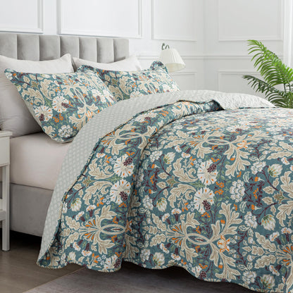 HoneiLife Queen Quilt Bedding Set - Microfiber Quilt Sets for Queen Bed, 3-Piece Lightweight Bedspreads,Reversible Coverlets Rustic Bed Cover, Floral Bedding Set All Season Quilts-Grayish Green