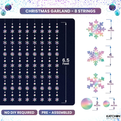 KatchOn, 6.5 FT Christmas Garland Decorations- 8 String, No DIY | Snowflake Garland | Hanging Christmas Decorations Indoor | Snowflakes Streamers for Iridescent Party Supplies, Winter Decor