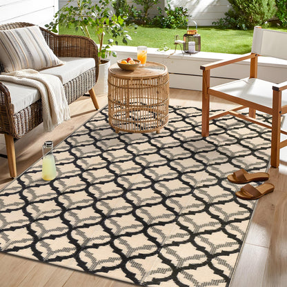OLANLY Reversible Outdoor Rug 5x8 ft Clearance, Waterproof Outdoor Plastic Straw Rug with Interlacing Pattern, RV Mat for Patio, Camping, Balcony, Deck, Backyard, Black & Beige
