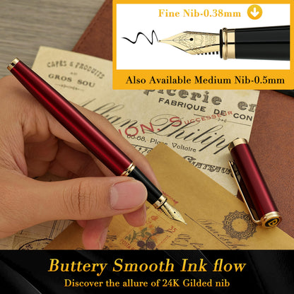 BEILUNER Red Fountain Pen,Stunning Luxury Pens with 24K Gold Finish, Gorgeous 24K Gilded Nib(Fine), Trustworthy Pen Gift for Men&Women -Ink Converter-Elegant,Graduation,Office,Nice Pen for Writing