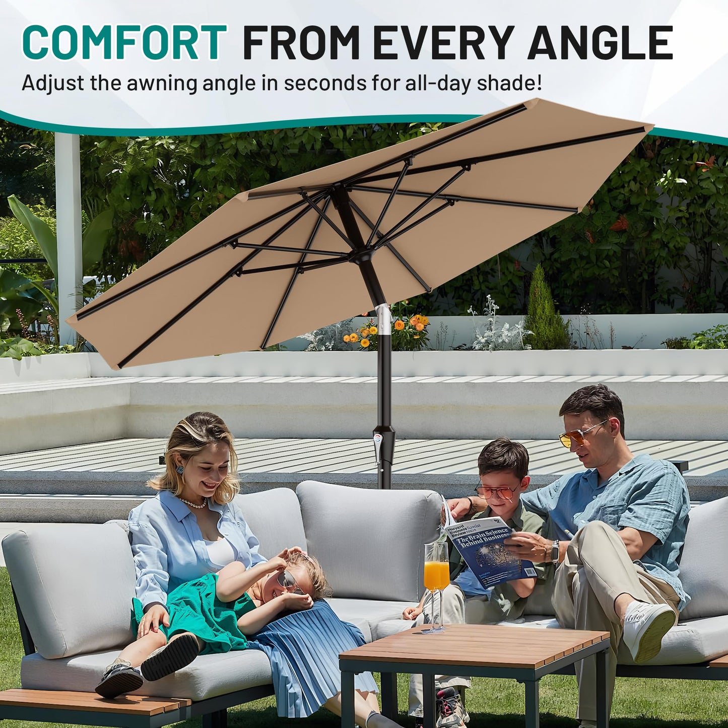 AreShark 10 FT Outdoor Patio Umbrella, Patio Table Umbrella with Push Button Tilt and Crank, Outdoor Patio Umbrellas with 8 Fiberglass Ribs, Patio Umbrellas for Market, Garden, Pool (Beige)