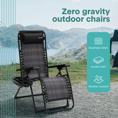 SereneLife Zero Gravity Lounge Chair Set of 2 – Outdoor Reclining Patio Chairs with Rattan Side Table, Cup Holder & Pillow Foldable Lawn Chairs for Patio Furniture, Garden, Beach, or Indoor Relaxation