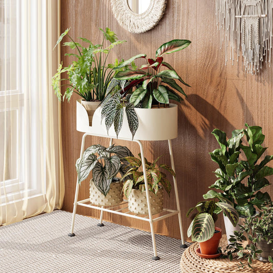 Bamworld Plant Stand Outdoor Large Plant Shelf Indoor for Tall Plants Table Metal 2 Tier Plant Bench Display Stand for Living Room Balcony Patio Decor White