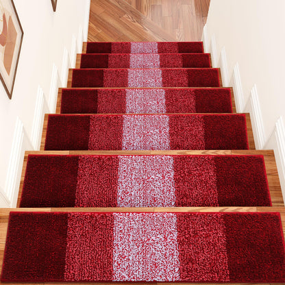 OLANLY Stair Treads Non Slip 15PCS, 8" x 30" Indoor Stair Runners for Wooden Steps, Edging Stair Rugs with Reusable Peel and Stick Adhesive for Kids Elders and Pets, Burgundy