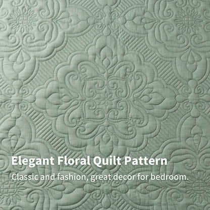 meadow park Embroidered Quilt Set Queen Size - 3 Pieces, Washed Cotton Blend Lightweight Bedspreads with Scallop Edges, Reversible Coverlets Bed Cover All Season Quilts-Green