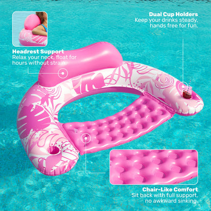 SLOOSH Inflatable Pool Floats Adult, 4 Pack Pool Chairs with Cup Holders,Blow up Floats Chair,Hammock Noodle Mat Leaves Design for Summer Water Fun Swimming Party Beach,Blue, Cyan, Pink, Champagne
