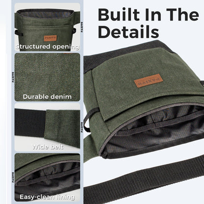 Garden Tool Belt for Women & Men, Forest Green Denim Gardening Apron with Structured Opening, 2 Large Pockets + 2 Inner Pockets, Wide Belt Utility Tool Pouch for Gardening, Florist & Craft