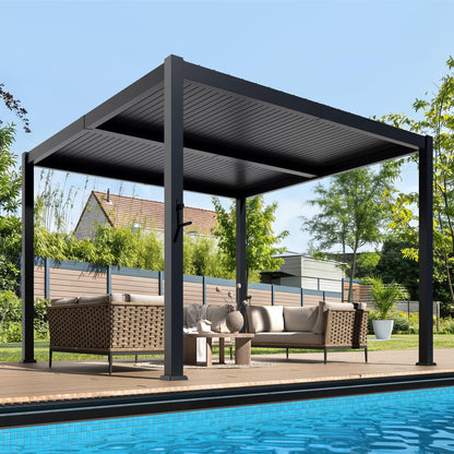 10' x 10' Outdoor Aluminum Louvered Pergola with Adjustable Roof, Upgraded Side Short-Rod Control, Easy Assembly, Modern Hardtop Gazebo for Patio, Deck, Backyard, Garden