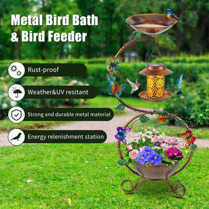 YYWMWM Metal Birdbath with Flower Planter Pedestal and Solar Bird Feeders Combo for Outdoor, Decorative Bird Bath with Butterfly for Garden Yard Outside