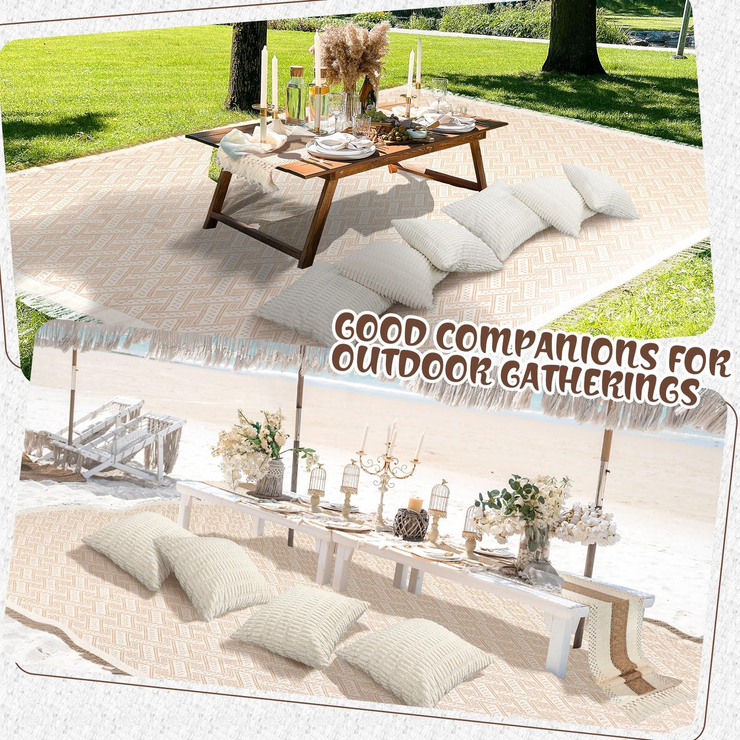 Beeveer Extra Large Outdoor Boho Picnic Blanket 181'' x 71'' Beige White Table Runner 6 Throw Pillow Cover Woven Cotton Yarn Oversize Beach Blanket Washable for Picnic Camp Wedding