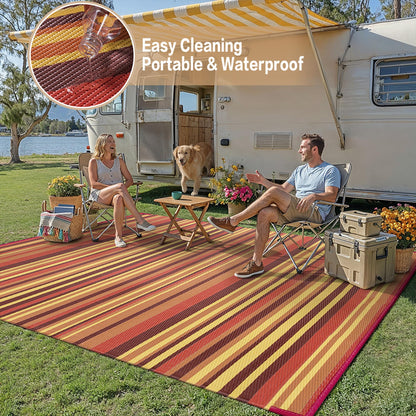 WondRg Outdoor Plastic Straw Rug Waterproof Patio 8x10 Red Orange Stripe Mat for Porch Camping RV Balcony Deck Courtyard Reversible Lightweight Durable Portable Carpet
