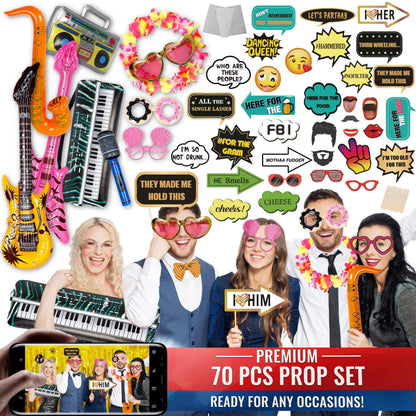 SOUL SHIFT 70 Pc Large Premium Photo Booth Props Set for All Occasions - Wedding Props, Birthday Props, Graduation Prop, Inflatables, Large Glasses, Multi-Colored Wig, Hawaiian Lei, Hand Pump
