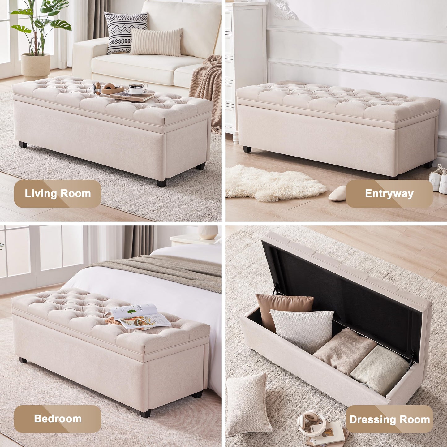 Mangodan 50" Storage Ottoman Bench, Tufted Ottoman with Storage for Living Room, Large End of Bed Ottomans, Modern Entryway Benchs, Window & Bedroom Benches for Foot of Bed (Beige)