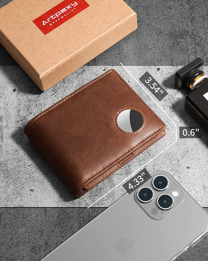 Mens Wallet With AirTag Holder, Bifold Leather RFID Blocking 2 ID Windows 12 Card Holders, Gift Box and Screen Protector Included, AirTag Not Included