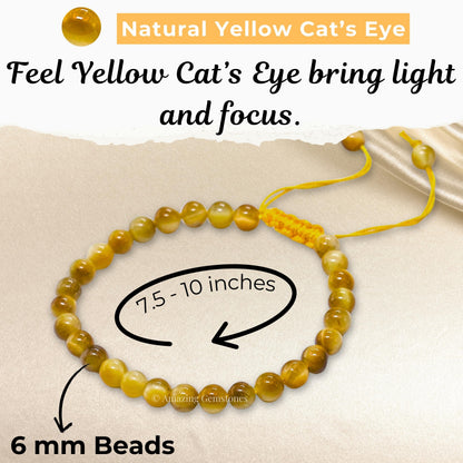 Amazing Gemstone Yellow Cats Eye Bracelet for Women Men's Gifts - Protection Healing Crystal Bracelet - 6mm Gemstone Beaded Adjustable Bracelet