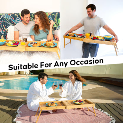 Shaka4Tommy Breakfast Bed Table Tray for Two - One Piece, Dual Use Couple Bed Tray with Cup recesses - Food Trays for Eating on Couch, Space Saving Breakfast Table - Gift Ready - Bamboo Wood