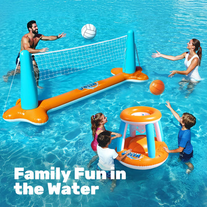 JOYIN Inflatable Pool Float Set Volleyball Net & Basketball Hoops, Floating Swimming Game Toy for Kids and Adults, Summer Floaties, Volleyball Court (105”x28”x38”)|Basketball (27.6”x23”),L-Orange