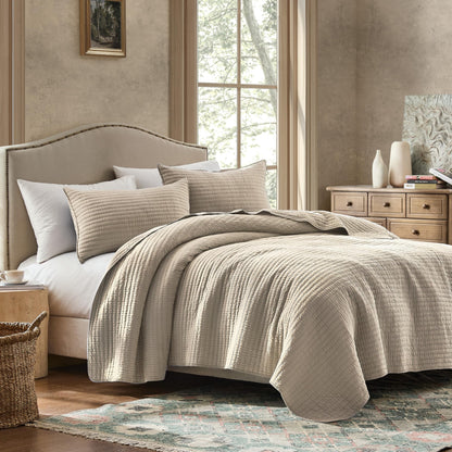 WDCOZY 100% Cotton Queen Size Quilt Set - Beige Neutral Striped Pick Stitch Soft Lightweight Bedspread, Textured Like Linen, Farmhouse Country Rustic Coverlet, Shabby Chic Gauze Bedding, 3 Pieces