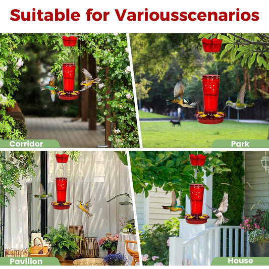 Zamelane Glass Hummingbird feeders for Outdoors 2pack-14Ounces，5 Feeding Ports Hummingbird Feeder,Wide Mouth for Easy Filling/Cleaning，Hanging for Garden Backyard Decor, Includes Ant Moat (Red，2Pack)