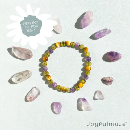 Joyfulmuze Green Peridot Yellow Tiger’s Eye Purple Amethyst, Gemstones Stretch Bracelet, Handmade Spiritual Jewelry, Healing Chakra Bracelet, Gifts for Women, 6mm, 7”(Peridot - Tiger’s Eye - Amethyst)