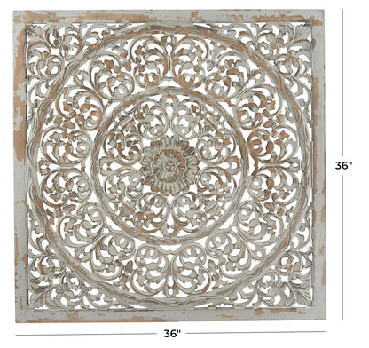 Deco 79 Wooden Floral Handmade Carved Scroll Mandala Wall Decor with Brown Distressing, 36" x 1" x 36", Gray