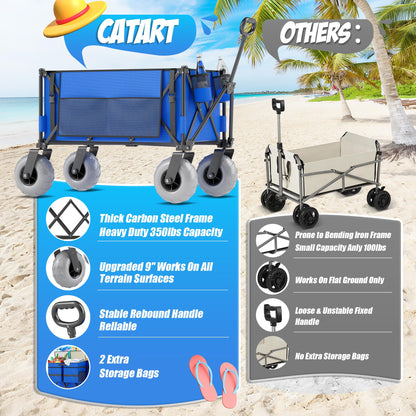 Beach Wagon with Big Wheels for Sand, 350lbs Heavy Duty Folding Wagon, Oversized 180L, 9" PVC All-Terrain Wheels, Adjustable Handle, Cooler & Storage Bags for Beach, Camping, Garden & Outdoor Sports