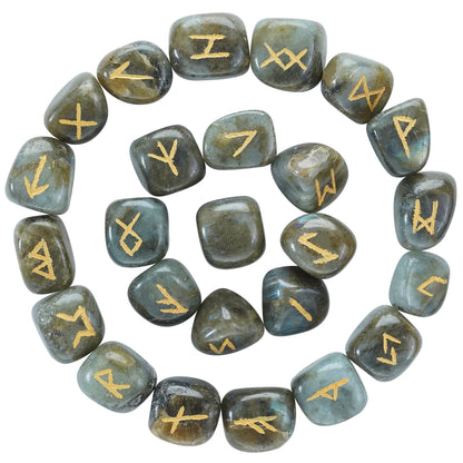 Crocon Labradorite Rune Stones Set Engraved with Elder futhark Crystal Runes Set, Reiki Healing runas for Meditation Chakra Balancing, Rune Stone for Beginners with Crystal Guide & Pouch (15-20 mm)