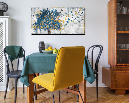 Kepgonegu Large Canvas Wall Art Blue Tree Golden Butterflies Picture Abstract Grey Graffiti Canvas Prints Ready to Hang for Living Room Bedroom Size 20x40