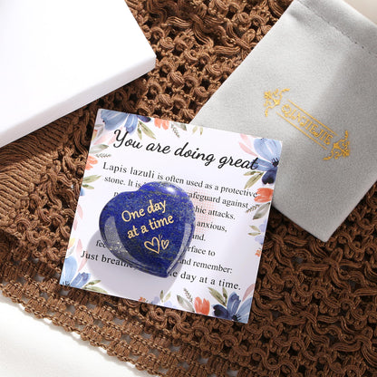 QINJIEJIE One Day at A Time Lapis Lazuli Heart Stones Crystals Thumb Worry Stone Thinking of You Gifts for Anxiety Relief Items You Got This Inspirational for Friend Sobriety Gifts for Men