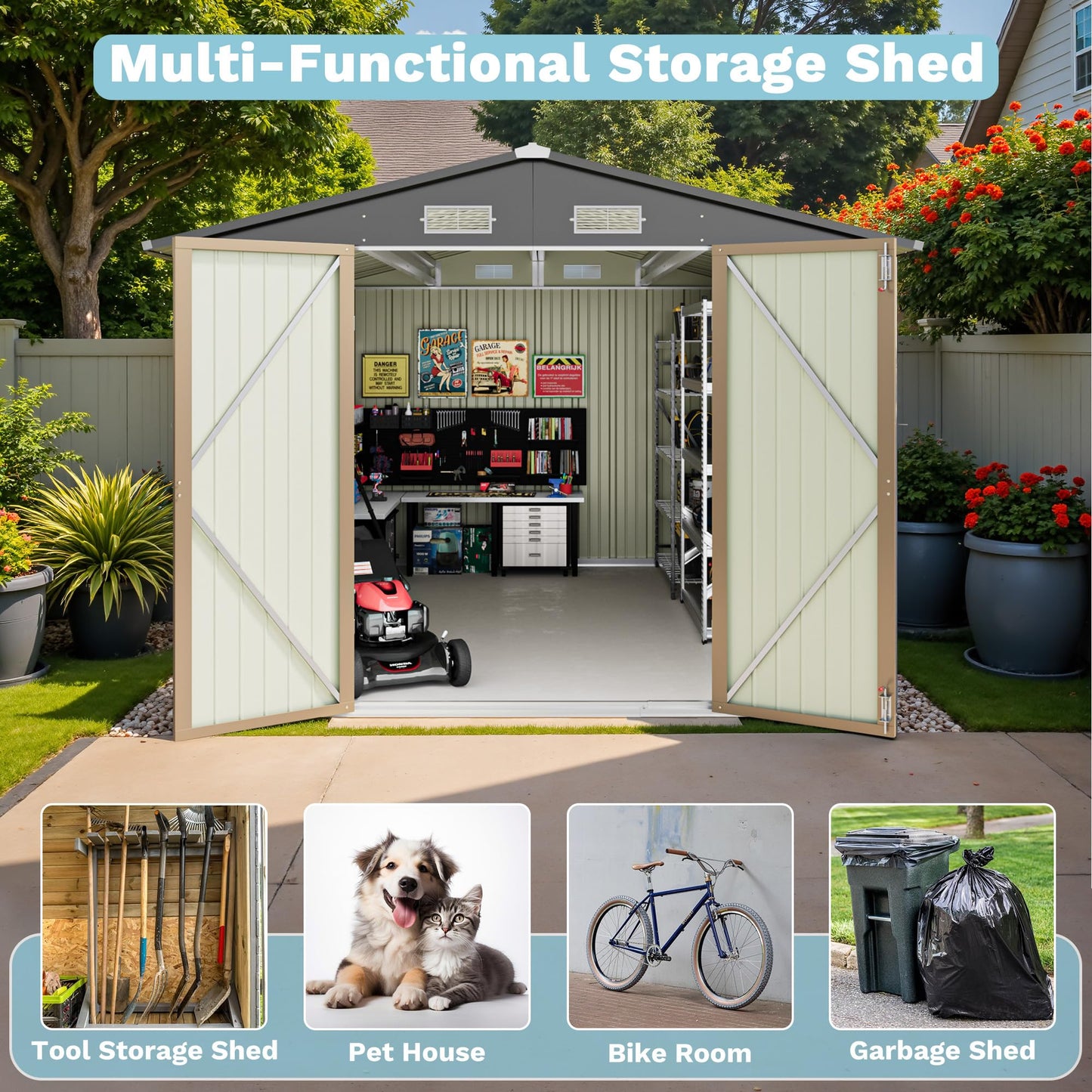 Greesum 8x10FT Outdoor Storage Shed, Metal Storaged Sheds with Lockable Doors, Sheds & Outdoor Storage for Bike, Backyard, Pool and Garden, Brown