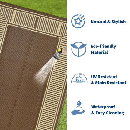 IDEALHOUSE Outdoor Rug 10'x20' Reversible Portable Lightweight Waterproof UV Resistant Plastic Straw Patio Mat for RV Camping Picnic Deck Backyard Peony Brown
