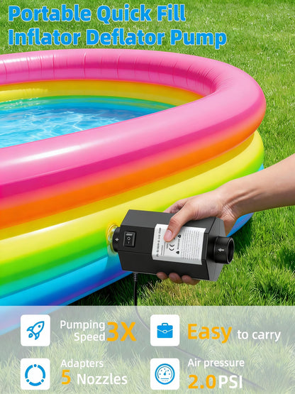 Fumxi Electric Air Pump for Inflatables Pool Toys: Compact Size AC110-120V, Quick-Fill Inflator Deflator for Air Mattress Beds, Tanning Pool Float, Boats 5 Nozzles 2.0PSI, 200W