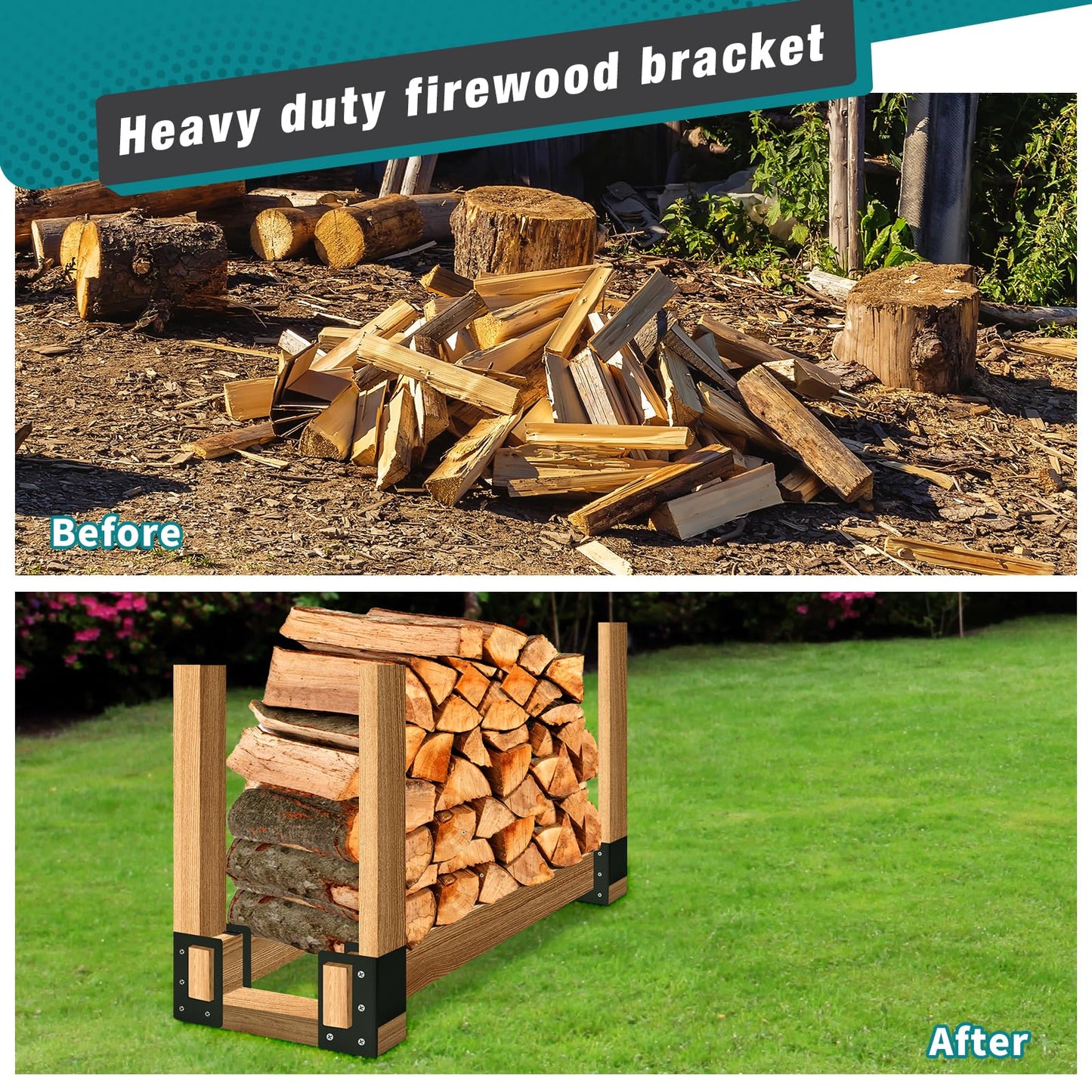 YVHFWOY Firewood Log Storage Rack Bracket 4 Pack,Fireplace Wood Storage Holder,Indoor Outdoor Adjustable Heavy Duty Powder Coated Steel Holder with Wood Screws