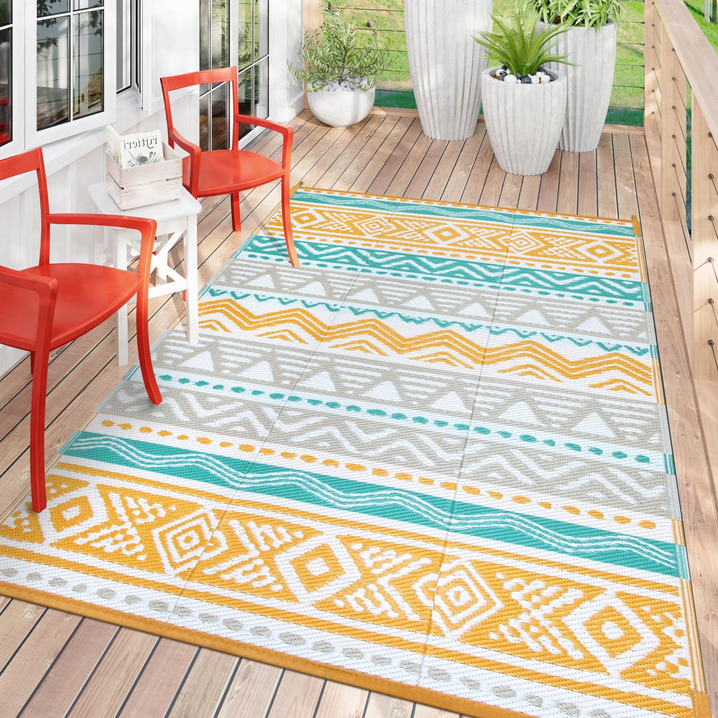 Lahome Outdoor Rug Waterproof, 5x8ft Reversible Outdoor Plastic Straw Rug for Camping Patio, RV Outdoor Rugs Outside, Outdoor Carpet for Porch Deck Backyard Balcony Picnic(Blue/Yellow,5'x 8')
