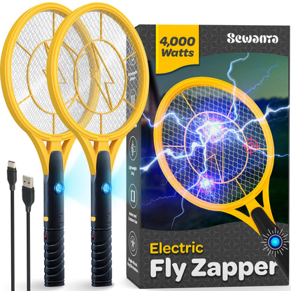 Electric Fly Swatter [Set of 2] Handheld Bug Zapper Racket for Indoor/Outdoor - 4000 Volt Swatter - Instant Bug & Mosquito Killer with Attractant LED Light - USB Rechargeable Portable Fly Zapper.