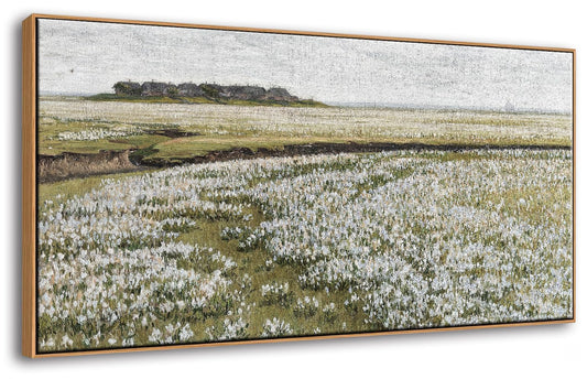 JiazuGo Large Vintage Wildflower Field Framed Canvas Wall Art, Serene White Flower Meadow Landscape with Country Cottage, Farmhouse Painting for Living Room Bedroom Decor, Ready to Hang 20x40 Inch