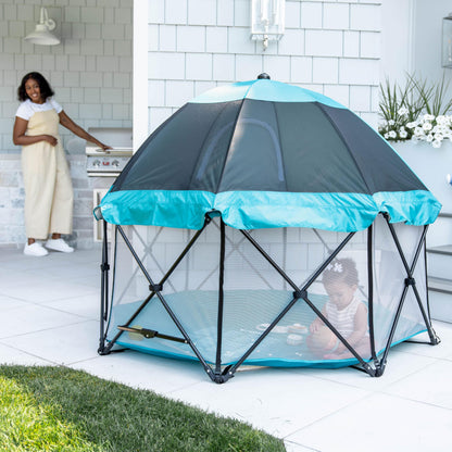 Regalo Safety My Play Deluxe Extra Large Baby Playpen & Portable Play Yard with Canopy, Foldable 8-Panel Indoor Outdoor Playpen for Babies & Toddlers, Mesh Sides, Washable Nylon Bottom, 62", Aqua