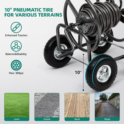 Autodaya 250FT Garden Hose Reel Cart with 10" Pneumatic Tires, Heavy-Duty Steel Frame for Tangle-Free Water Hose Storage, Easy-Rolling Lawn & Yard Hose Holder