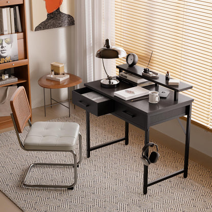 Pamray 32 Inch Small Computer Desk with Monitor Stand Home Office Desks with 2 Drawers for Bedroom Study Writing and Work Table for Small Spaces Black