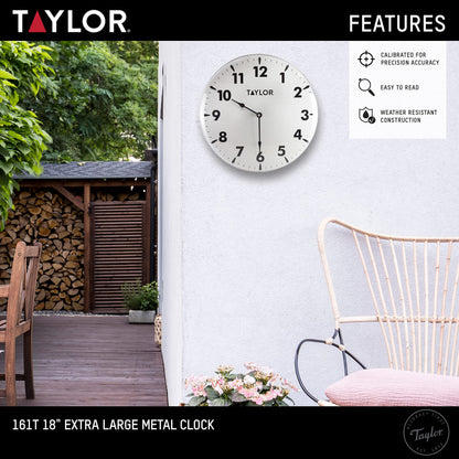 Taylor Indoor Outdoor Metal Wall Clock, Wireless Thermometer with Easy to Read Large Numbers for Patio, Pool, and Indoor Areas, 18-inch