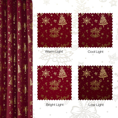 NICETOWN 2 Panels Christmas Red Curtains 52 x 84 Inch, Gold Foil Printed Grommets Drapes, Xmas Theme Window Treatment for Holiday Home Decor, Set of 2 Christmas Style Curtain Panels