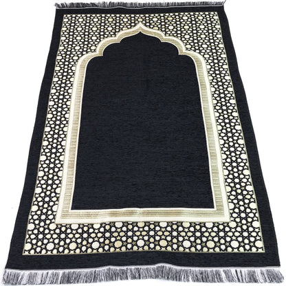 Modefa Turkish Islamic Prayer Mat - Thin Woven Chenille Sajjadah - Intricate Praying Rug Ramadan Eid Gift - Traditional Muslim Janamaz Sajada for Men Women - Geometric Selcuk Star (Black)