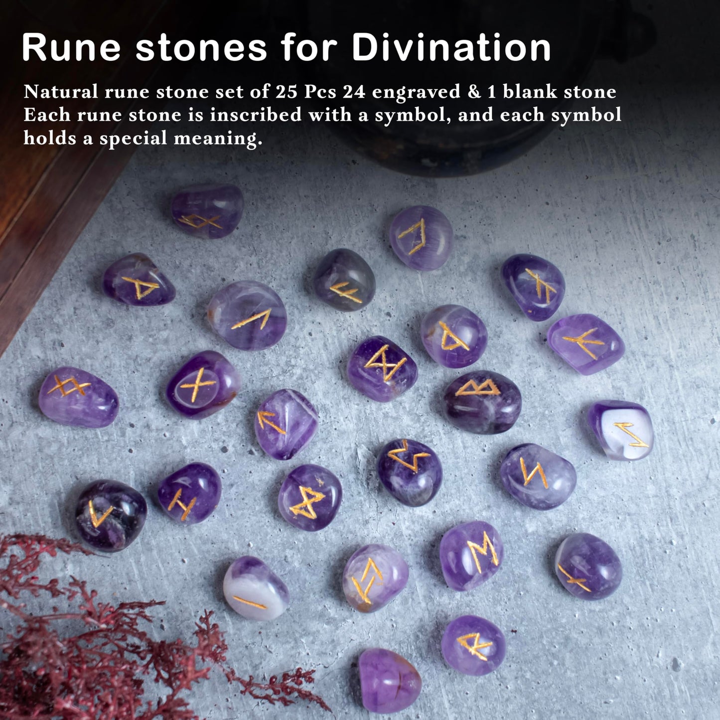 Crocon Amethyst Gemstone Rune Stones Set with Elder Futhark Alphabet Engraved Symbol 25 pcs Set for Feng Shui Chakra Balancing Reiki Healing Crystal Runes Stones Set Size: 15-20 mm