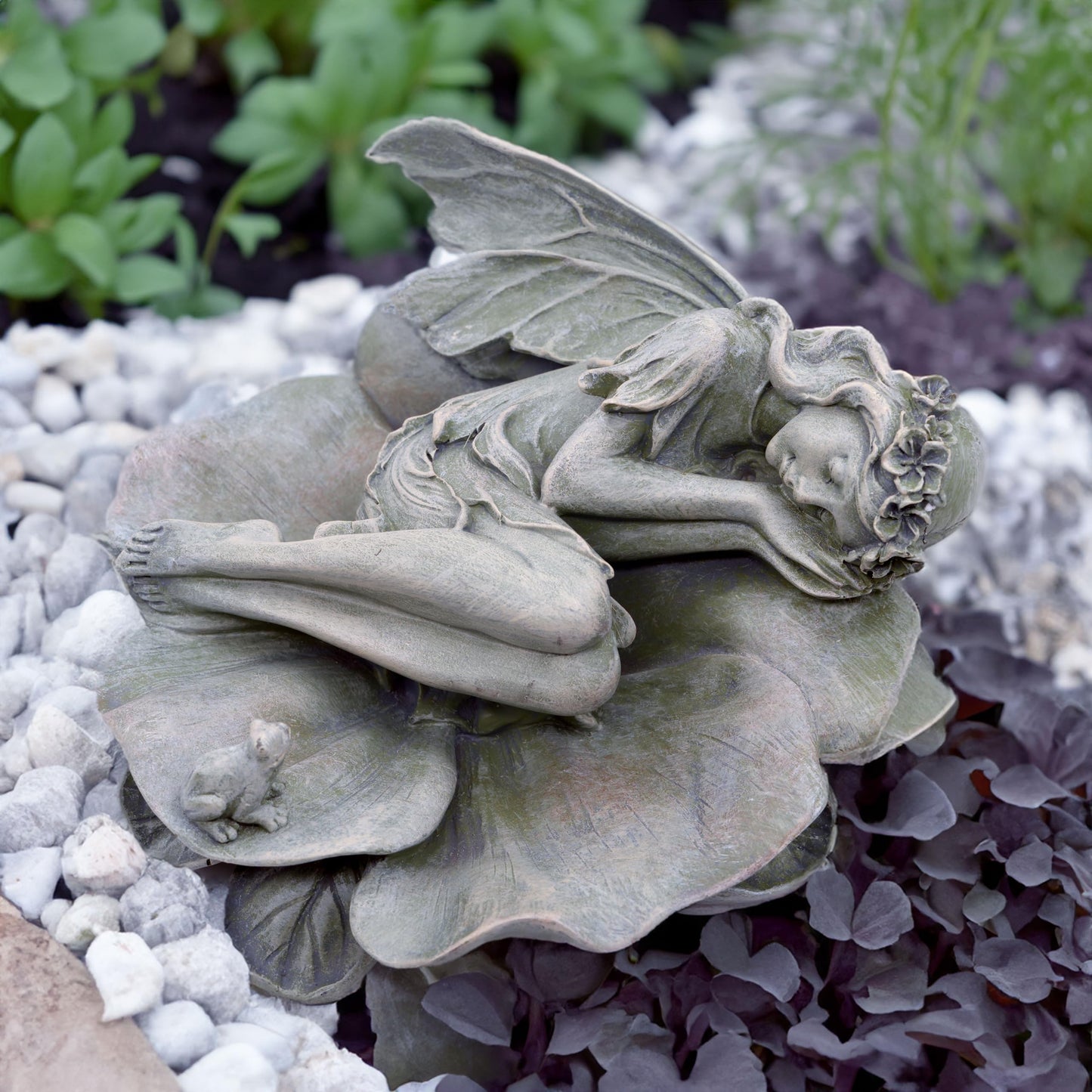 hvfun Garden Fairy Statue,Garden Sleeping Angel on Lotus Leaf with Bird Feeder Feature Outdoor Decor Sculptures Figurine Gardening Lawn